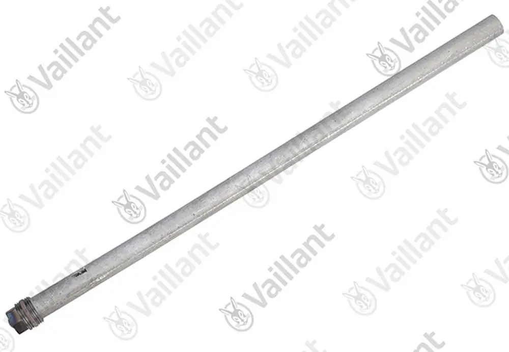 Vaillant Anode in metallischem Design, zylindrisch, mit Gewinde am Ende. Das Produkt ist auf einer weißen Hintergrundfläche abgebildet.